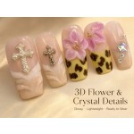 Retro Leopard Cross Charm Press‑On Nails, Nude Medium‑Long T‑Shape False Nails with 3D Pink Flower & Star AB Rhinestones